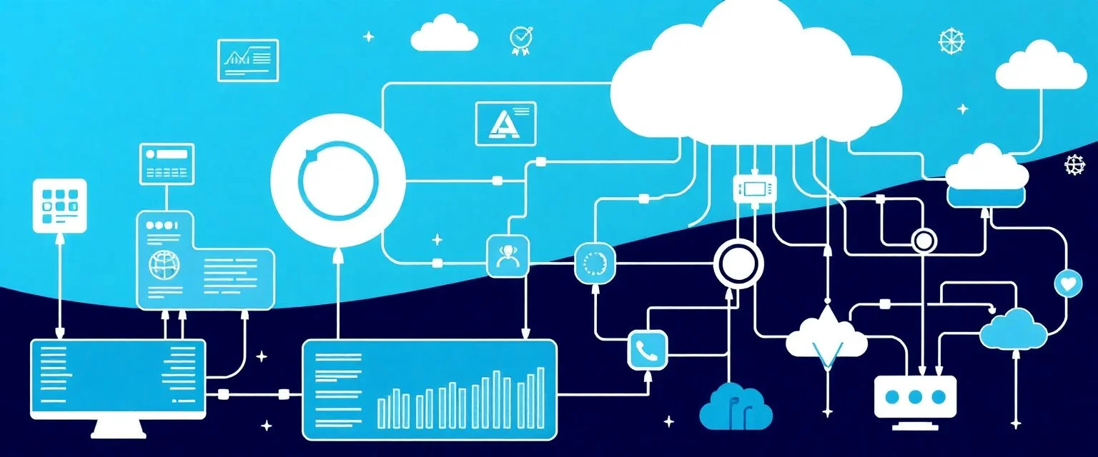 enterprise software guide illustration showing digital systems and business workflows